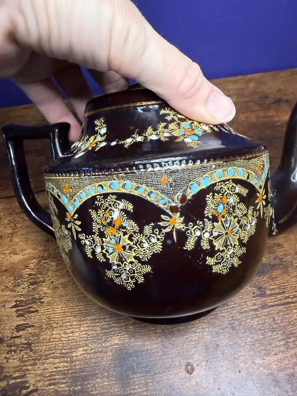 Vintage Brown Glazed Ceramic Teapot Gold Moriage Floral Beading Made in England